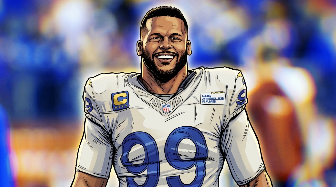 Comic-style illustration of Aaron Donald smiling in a white Los Angeles Rams #99 road jersey with captain's patch, geometric light streaks radiating behind him against a color-tinted stadium background