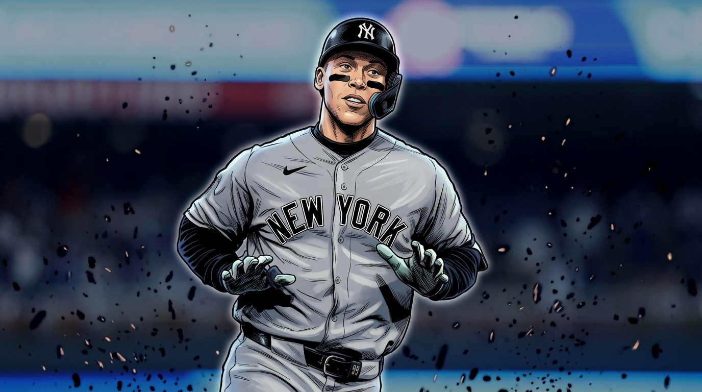 Comic-style illustration of Aaron Judge in a gray New York Yankees road jersey with black lettering and batting helmet, rounding the bases after a home run, particle field / floating embers effect over a blurred stadium crowd background