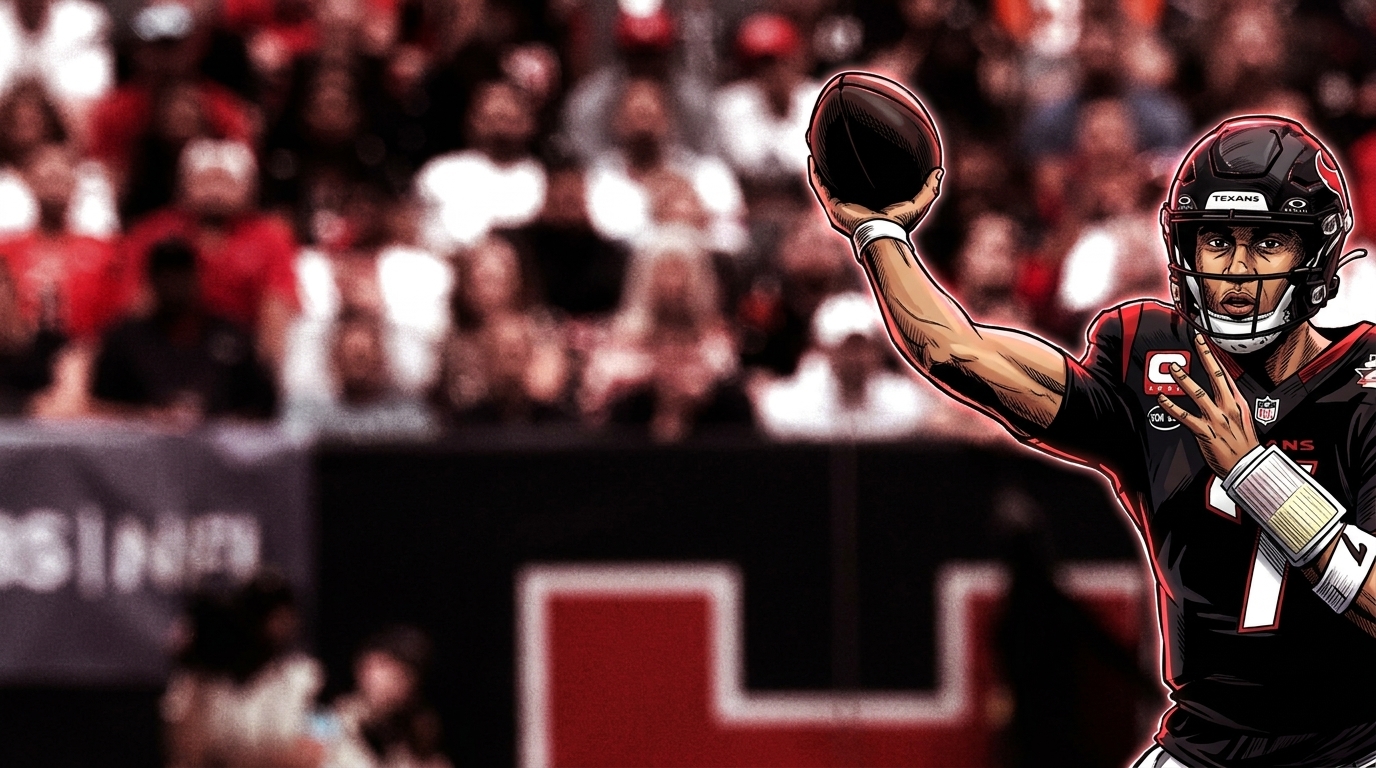 C.J. Stroud in a Houston Texans uniform, comic-style illustration with neon red rim glow effect over a blurred stadium crowd background