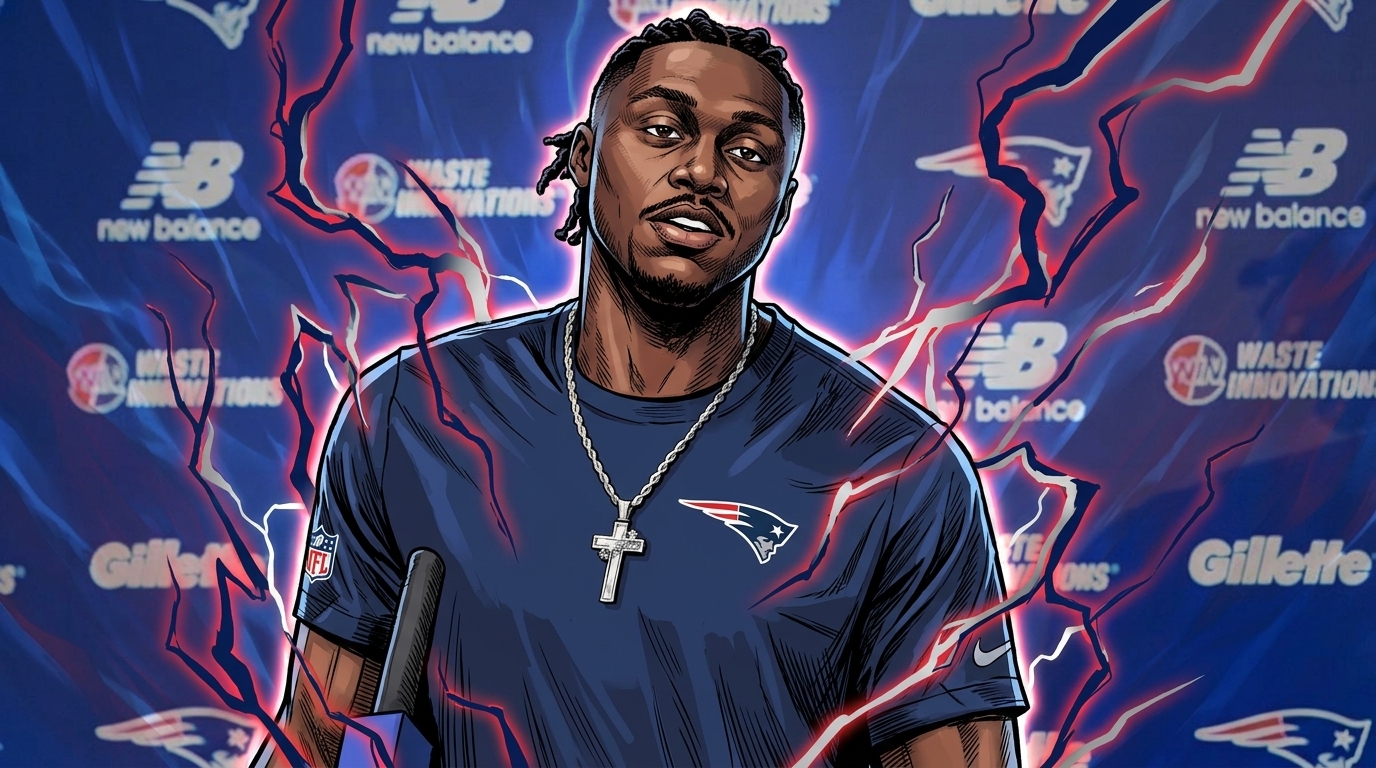 Comic-book illustration of AJ Brown in a navy Patriots t-shirt at a press-conference podium, electric blue and red lightning crackling around him against the sponsor step-and-repeat backdrop