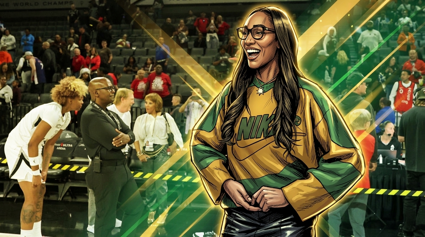 Comic-style illustration of A'ja Wilson smiling courtside in a gold and green Nike crewneck, with geometric light-streak effects