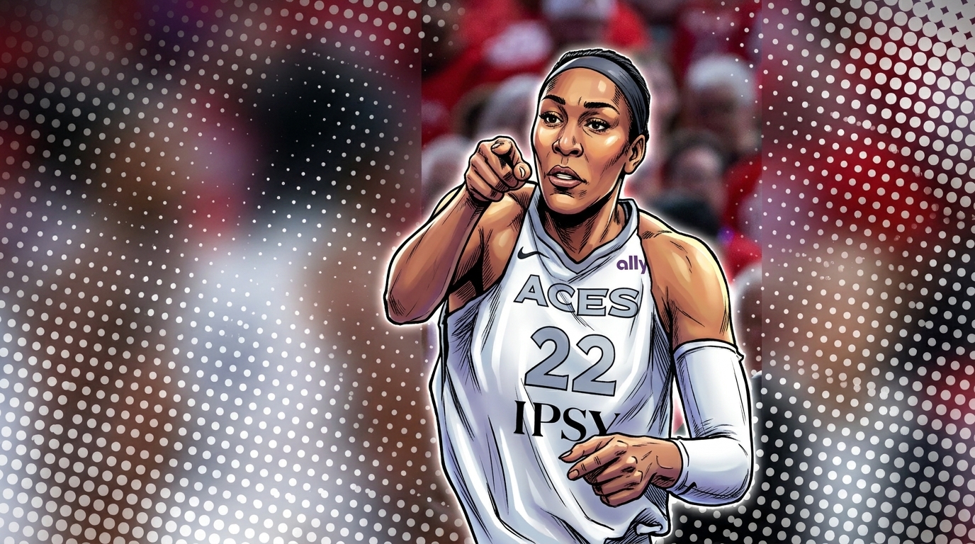 Comic-style halftone illustration of A'ja Wilson pointing in a Las Vegas Aces jersey