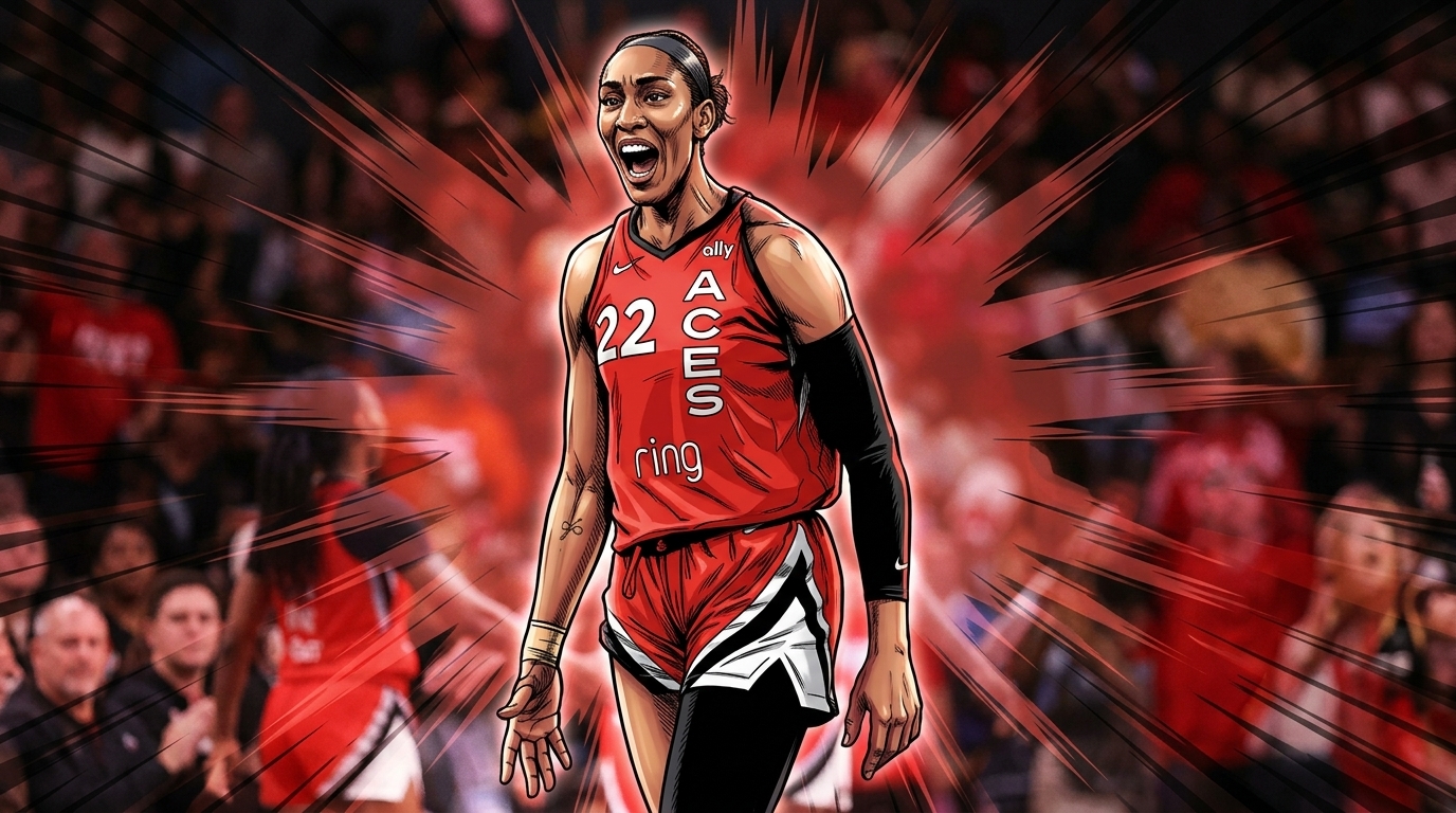 Comic-style shockwave illustration of A'ja Wilson mid-shout in a red Las Vegas Aces #22 jersey, red lightning-streak energy radiating through a blurred arena crowd behind her.
