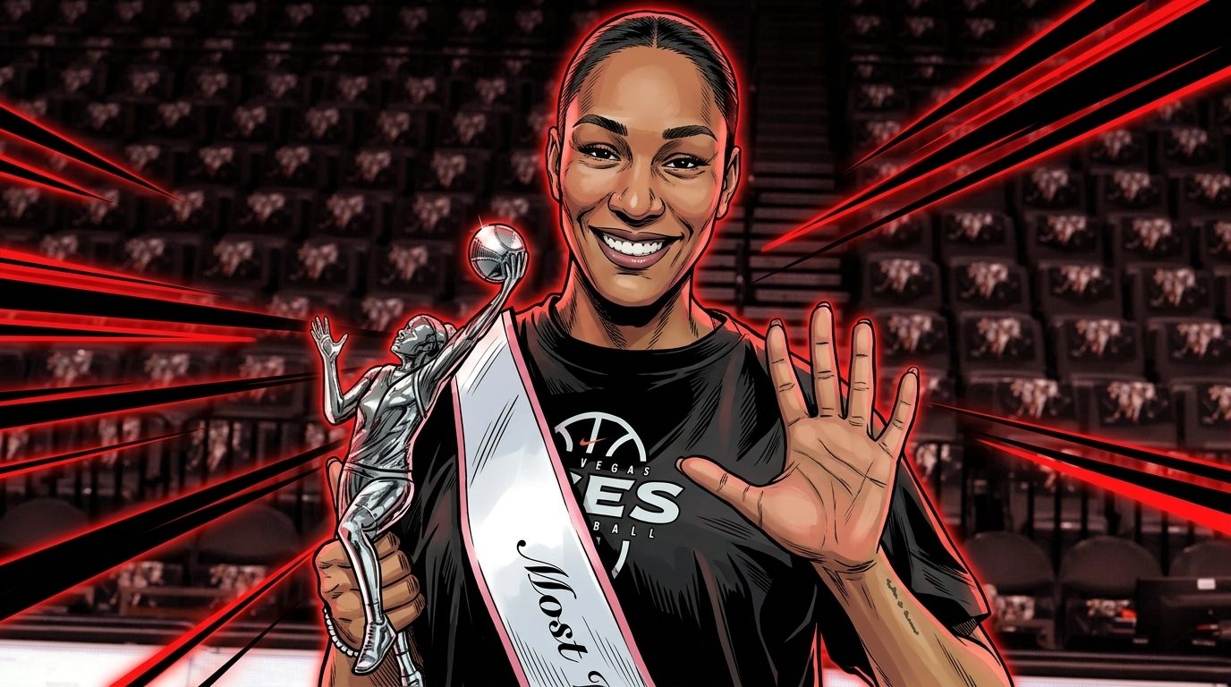 Comic-style illustration of A'ja Wilson holding her 2026 WNBA MVP trophy in a Las Vegas Aces practice shirt