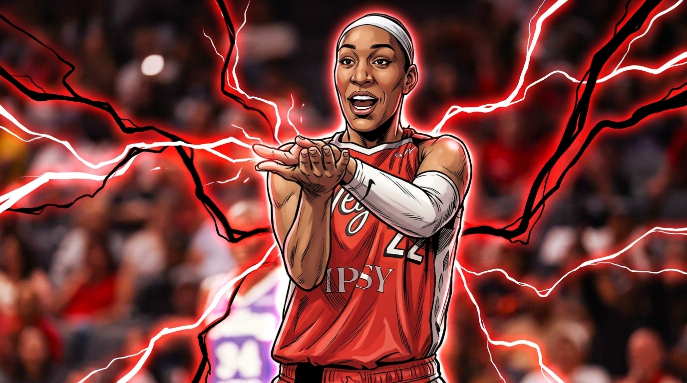 Comic-book styled illustration of A'ja Wilson in a Las Vegas Aces jersey, red electric energy effect