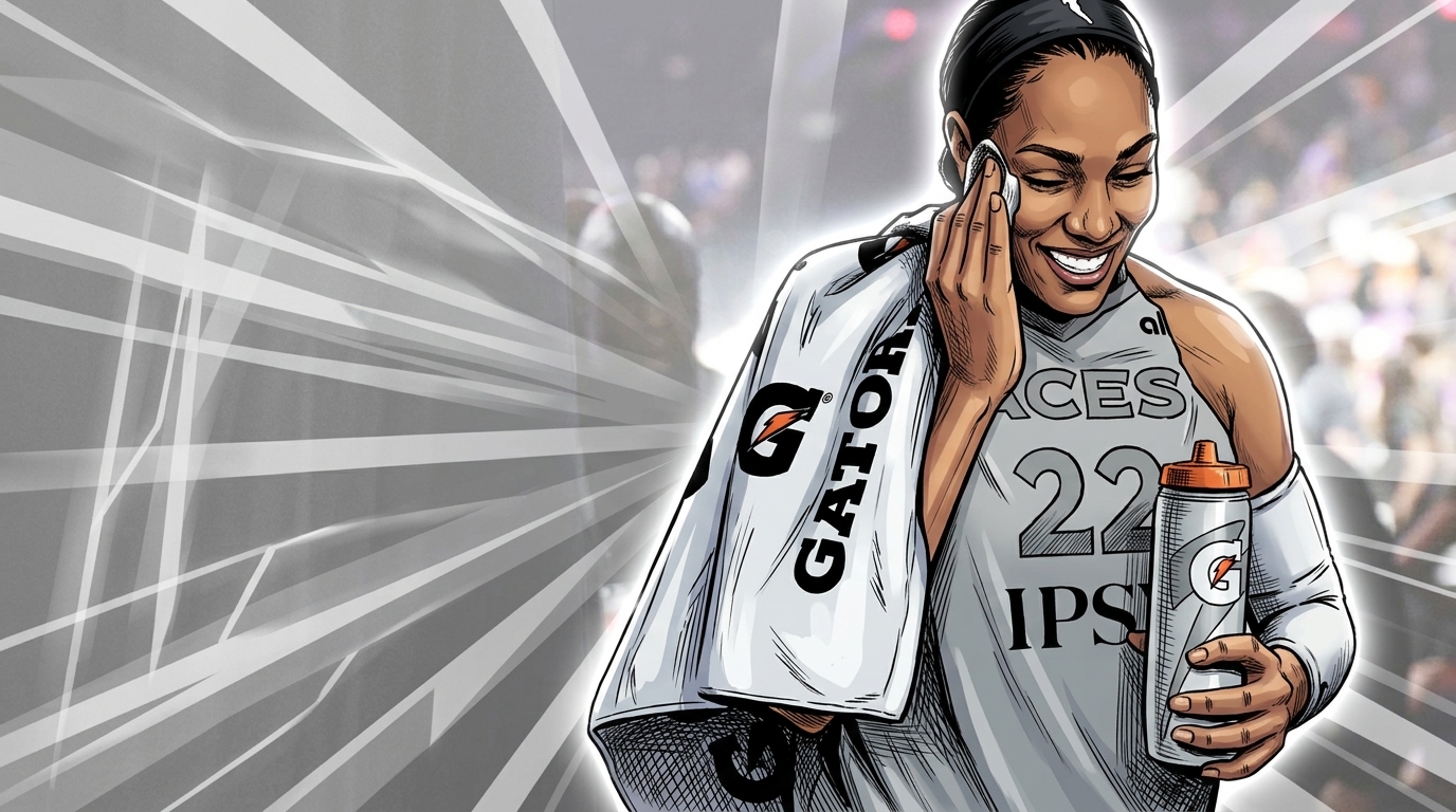 Comic-style illustration of A'ja Wilson smiling in her white Las Vegas Aces No. 22 home jersey, wiping her face with a Gatorade towel, geometric light streaks glowing behind her with a blurred arena crowd in the background.