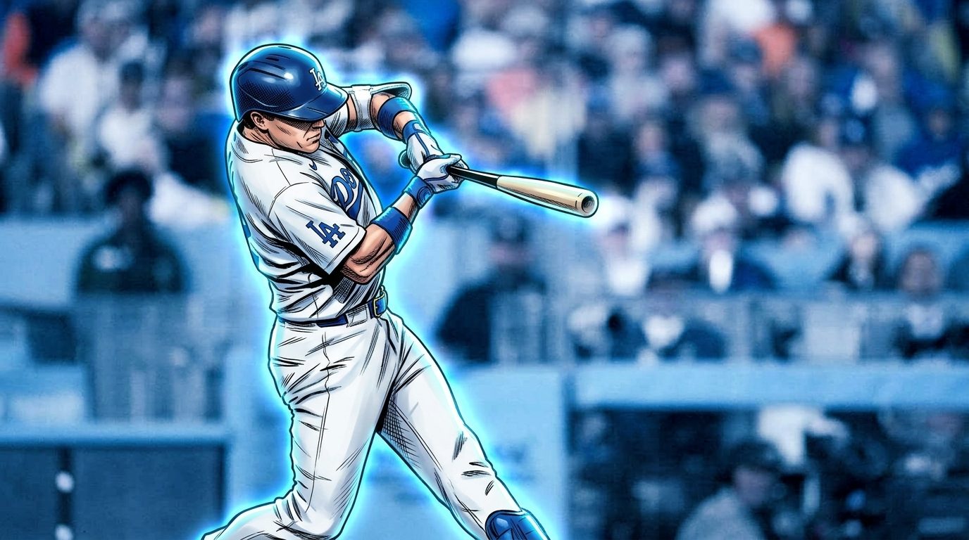 Comic-style illustration of Dodgers outfielder Alex Call mid-swing in his white home jersey and blue batting helmet, bold ink outlines and cel-shading with a blue neon rim-glow effect, blurred Dodger Stadium crowd in the background