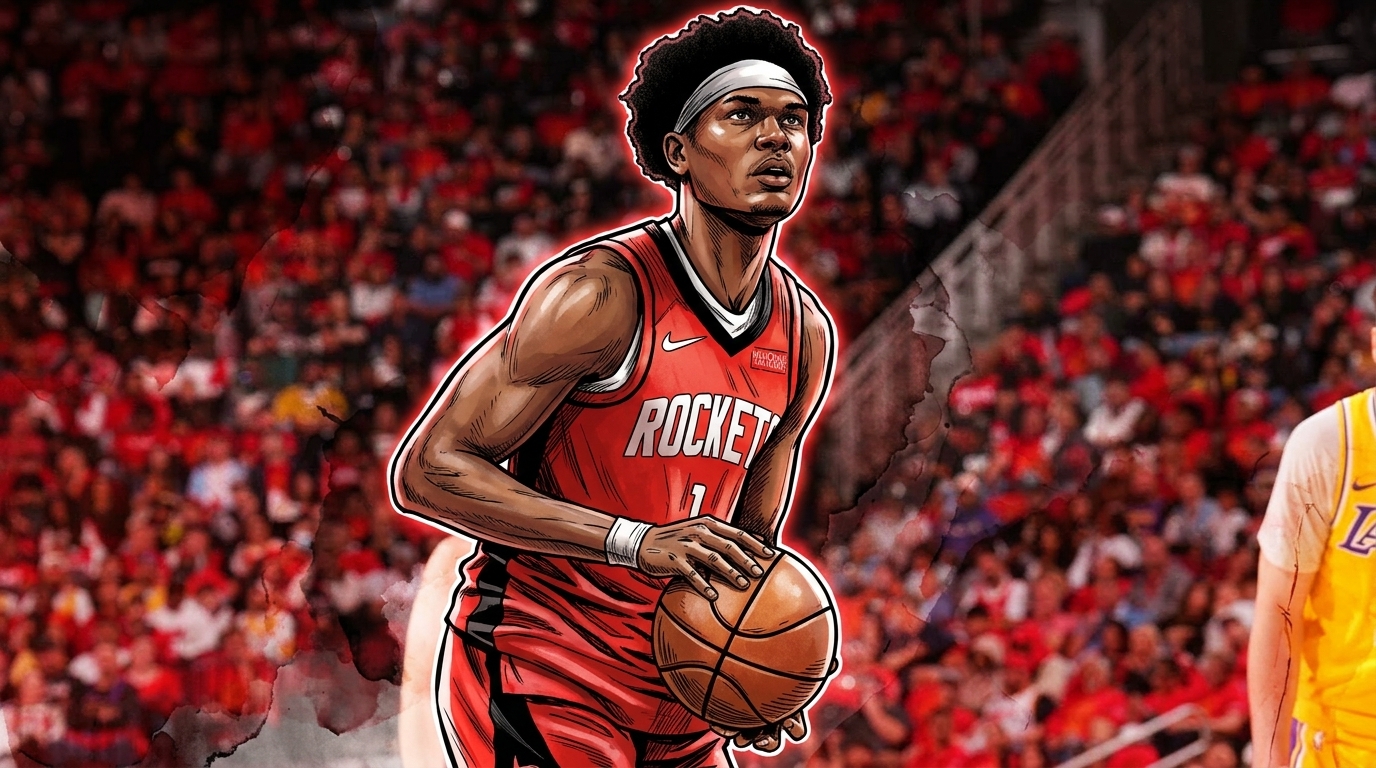 Comic-style illustration of Amen Thompson holding a basketball in a Houston Rockets jersey