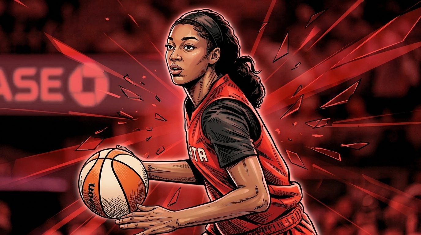 Comic-style illustration of Angel Reese of the Atlanta Dream in a red and black jersey driving with the basketball, red geometric light-streak effects over a blurred Chase Center arena background