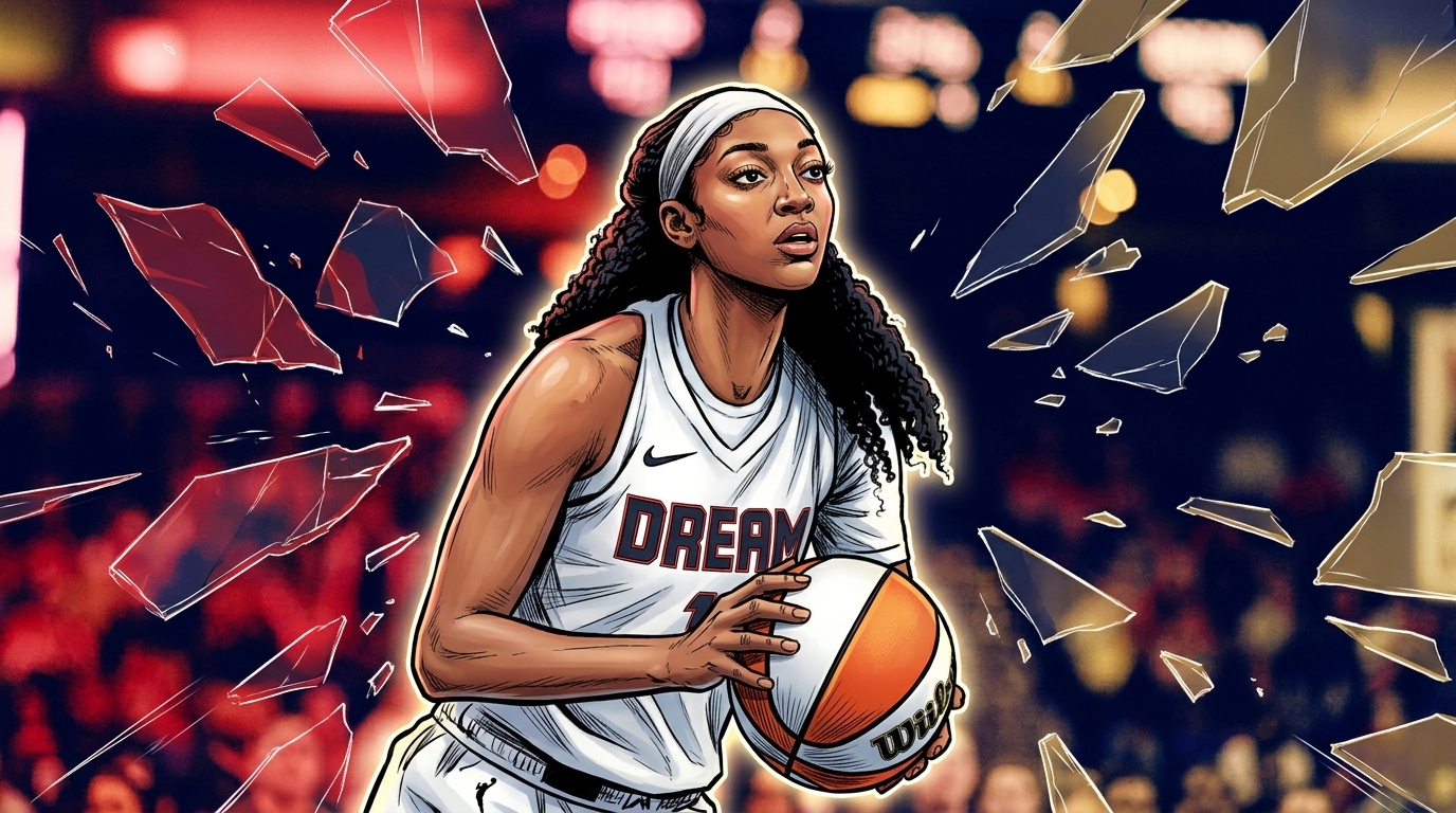 Comic-style illustration of Angel Reese in a white Atlanta Dream jersey holding a basketball, shattered glass effect in red and gold behind her