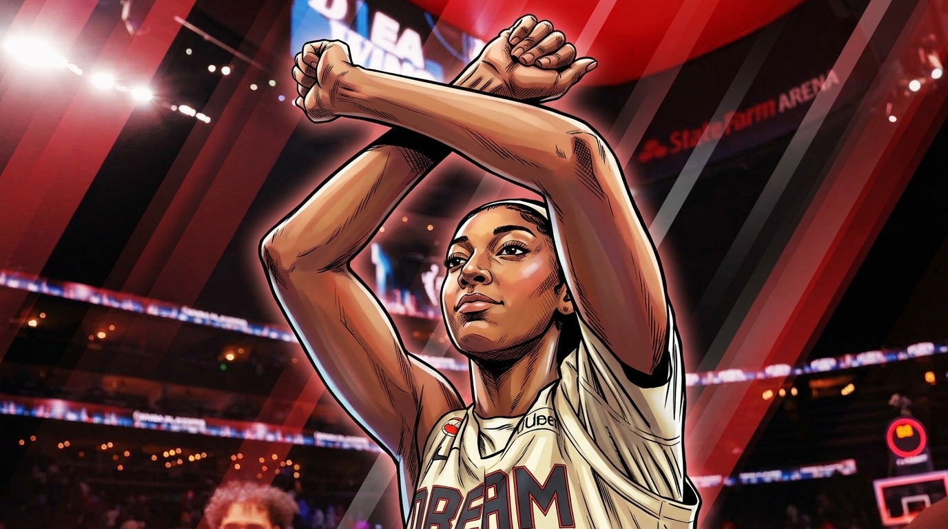 Comic-style geometric light-streak illustration of Angel Reese in a white Atlanta Dream 'DREAM' away jersey, arms crossed overhead, celebrating in front of the State Farm Arena crowd.