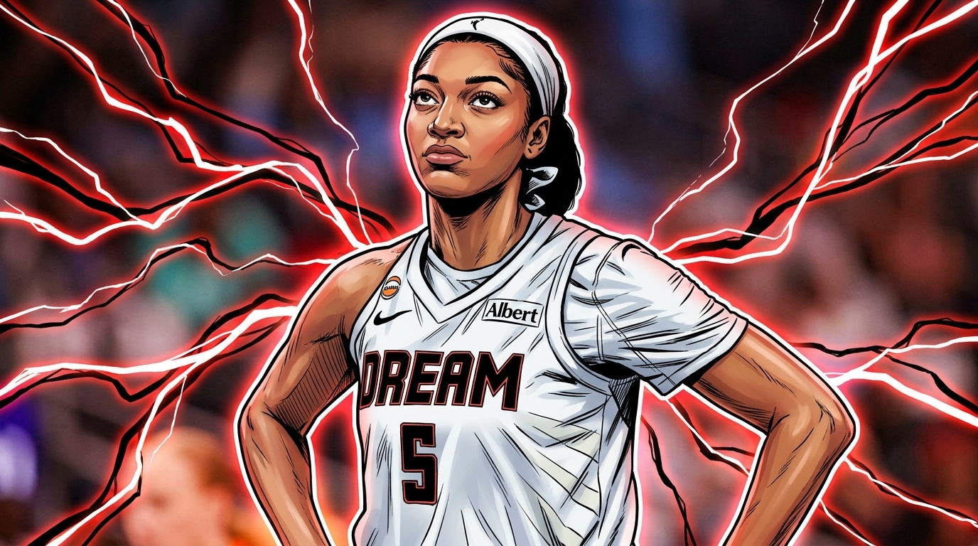 Angel Reese of the Atlanta Dream standing with hands on hips in her white jersey, comic-styled with a halftone dot effect