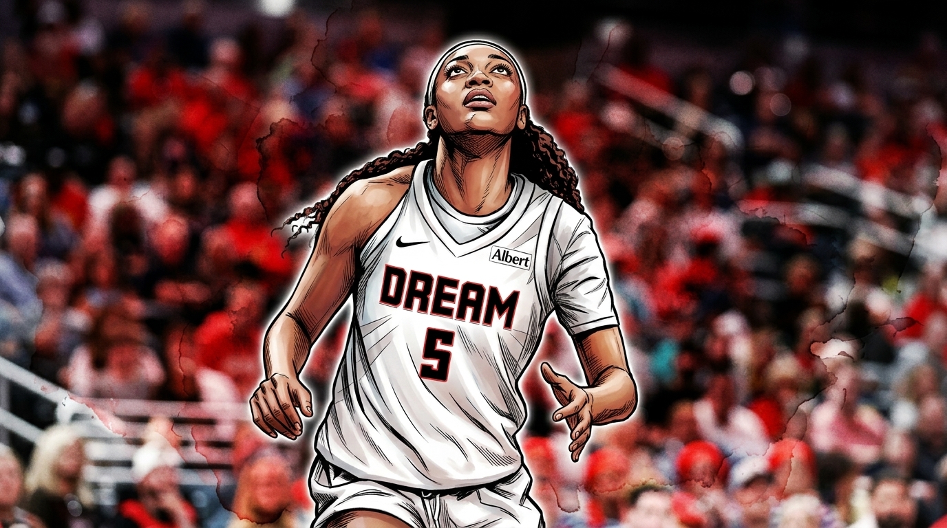 Comic-book styled ink-wash illustration of Angel Reese in a white Atlanta Dream jersey
