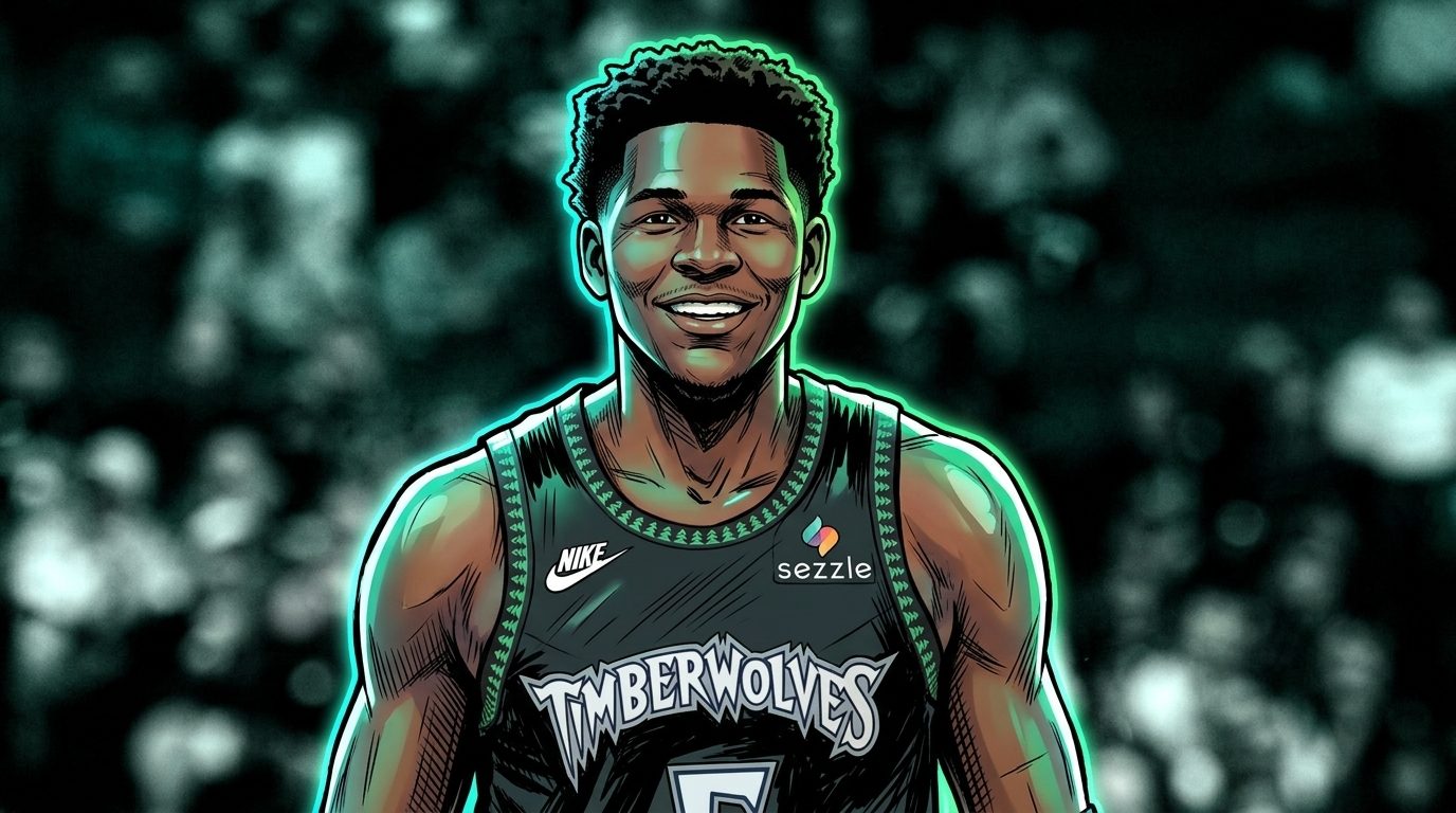 Anthony Edwards in comic book illustration style, smiling in a Minnesota Timberwolves black alternate jersey number 5, neon rim glow effect against a blurred arena crowd background