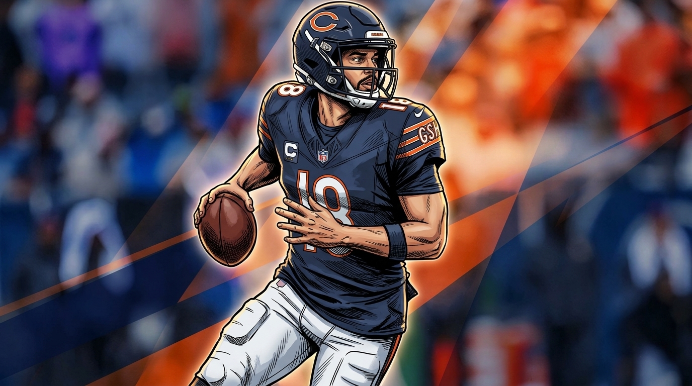Comic-style illustration of Chicago Bears quarterback Caleb Williams scrambling with the football