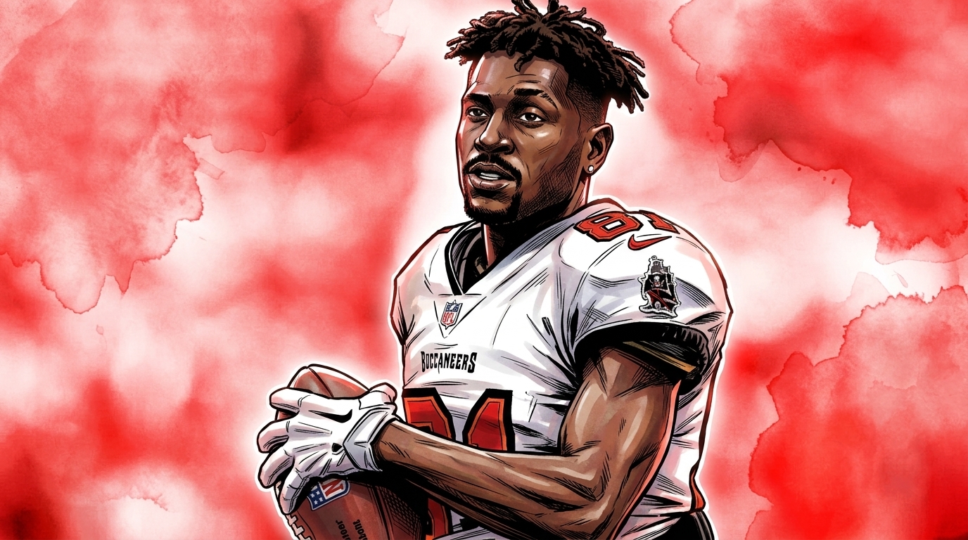 Comic-style illustration of Antonio Brown in a Buccaneers jersey holding a football against a red ink wash background