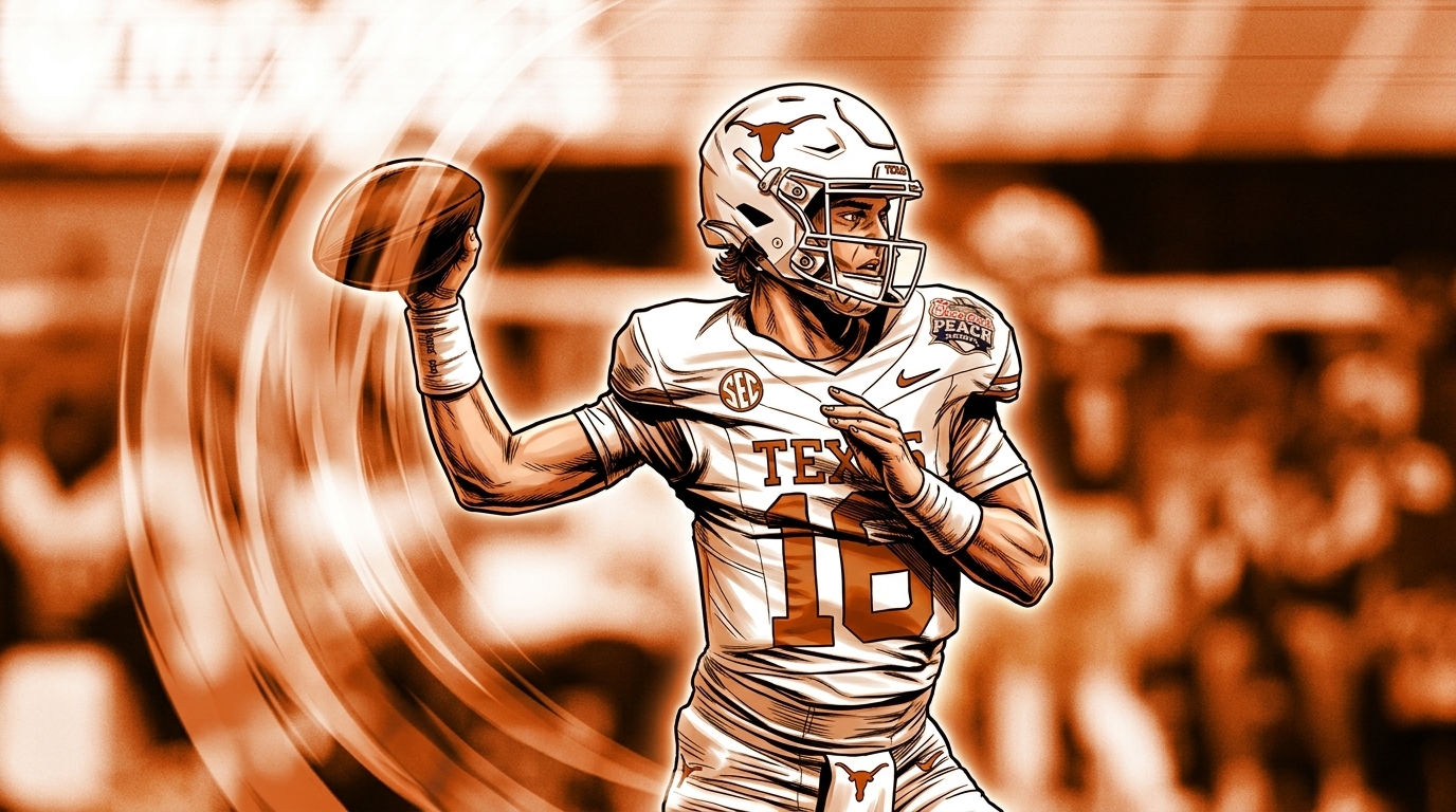 Comic-style illustration of Arch Manning smiling in a burnt orange Texas Longhorns jersey, flames washing over the background