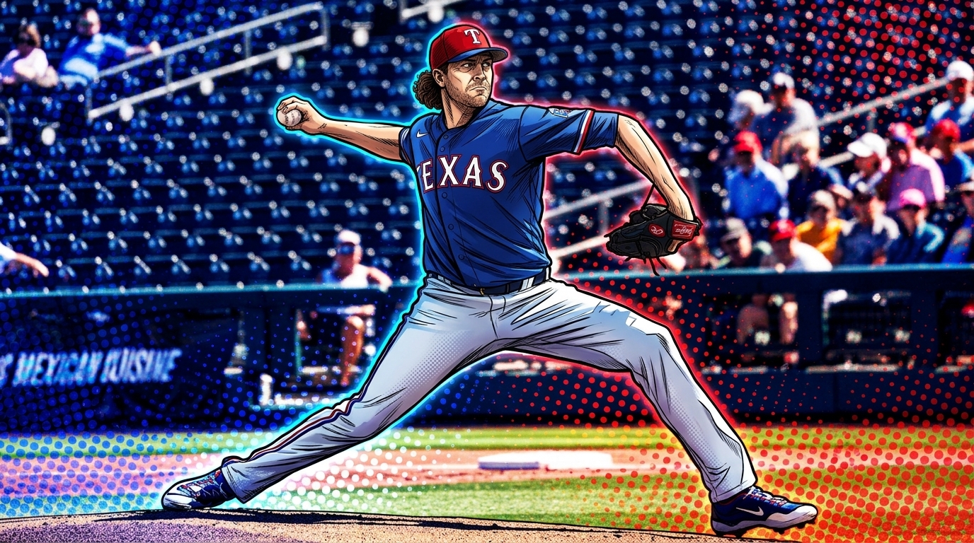 Comic-style illustration of a Texas Rangers pitcher in a blue alternate jersey mid-windup, with a halftone dot effect over a stadium background