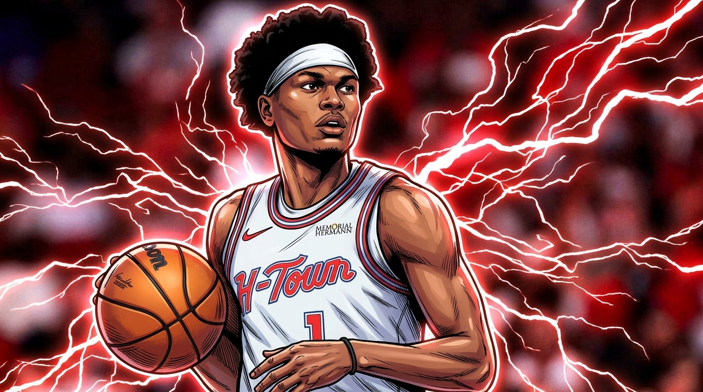 Comic-style illustration of Houston Rockets guard Amen Thompson in a white H-Town jersey dribbling a basketball, red electric-energy lightning effect over a blurred arena crowd background