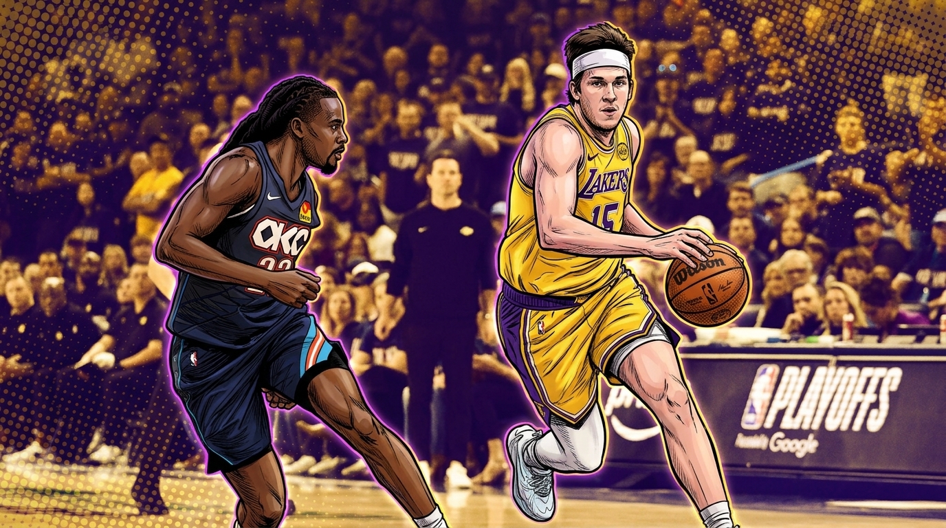 Austin Reaves #15 in gold Lakers jersey driving to basket, Marvel comic with halftone effect