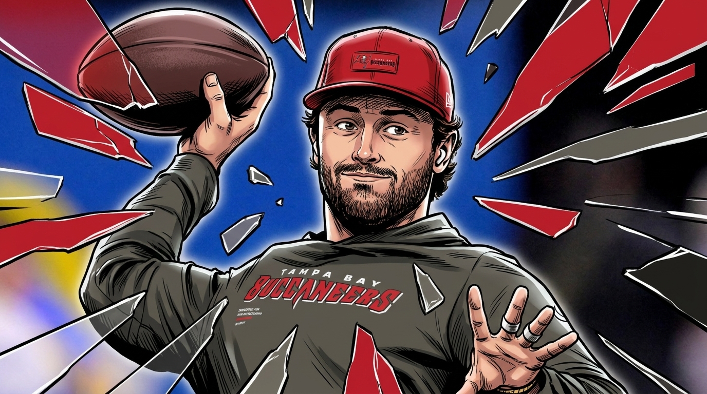 Comic-style illustration of Buccaneers quarterback Baker Mayfield in a red Buccaneers cap and hoodie with a shattered-glass effect