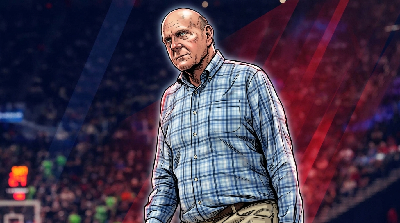 Comic-style illustration of Steve Ballmer in a checked shirt walking a Clippers arena sideline with navy and red geometric light streaks in the background