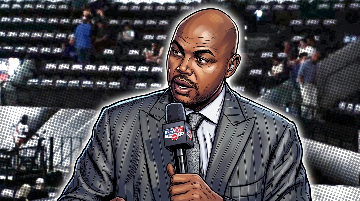 Comic-style illustration of Charles Barkley in a gray pinstripe suit holding an Inside the NBA branded microphone courtside, halftone dot color wash over a real arena background