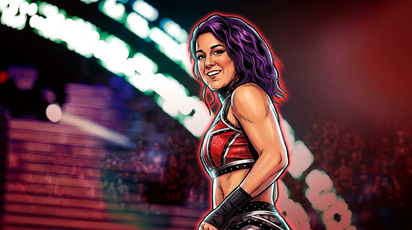 Comic-style illustration of Bayley in red and black ring gear with a neon rim-glow effect against a blurred WWE arena entrance background