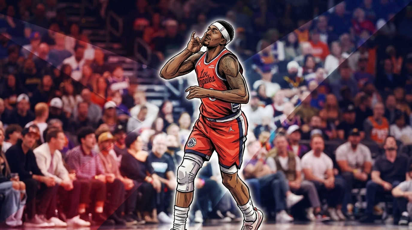 Comic-styled illustration of Bradley Beal running in his red Clippers jersey