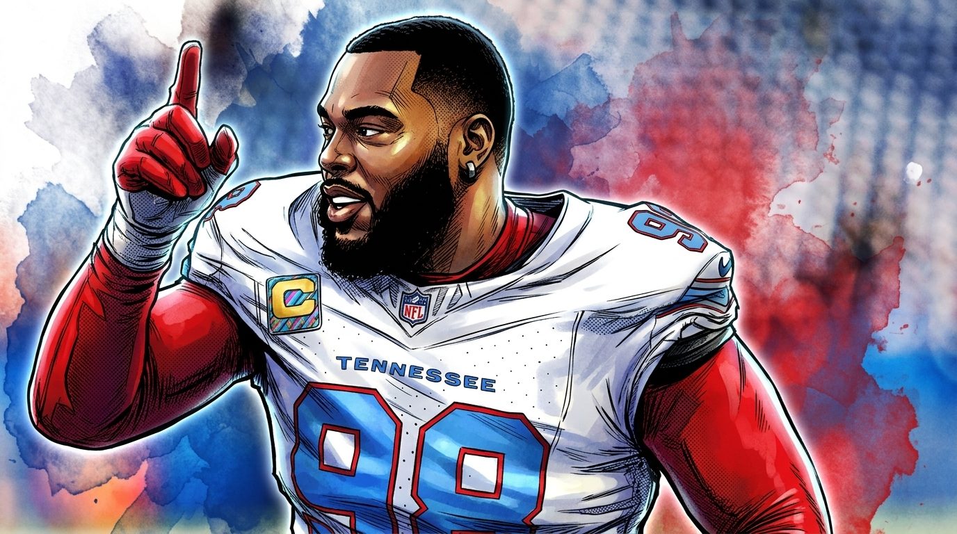Comic-style ink-wash illustration of Chicago Bears defensive tackle Jeffery Simmons in his Tennessee Titans jersey, pointing, with a blue and red watercolor-bleed effect over a blurred stadium background