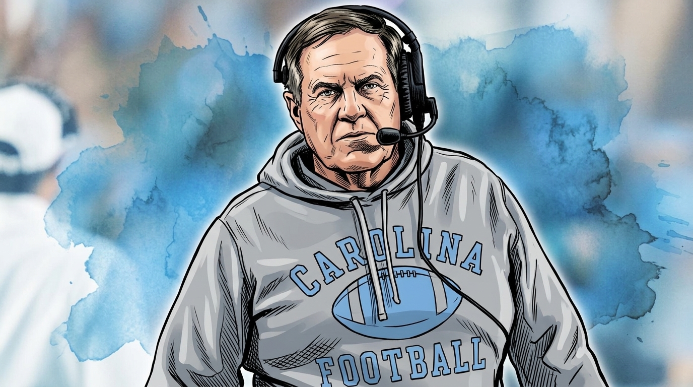 Comic-style illustration of Bill Belichick in a gray Carolina Football hoodie and coaching headset, ink wash and watercolor bleed effect in Carolina blue, blurred stadium crowd background