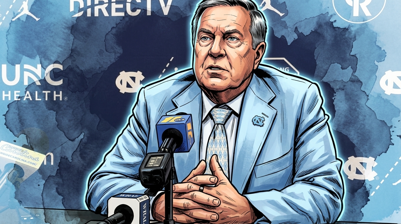 Comic-style illustration of Bill Belichick alone at a press conference podium with WRAL and network microphones, UNC Carolina-blue branded backdrop, ink-wash watercolor effect