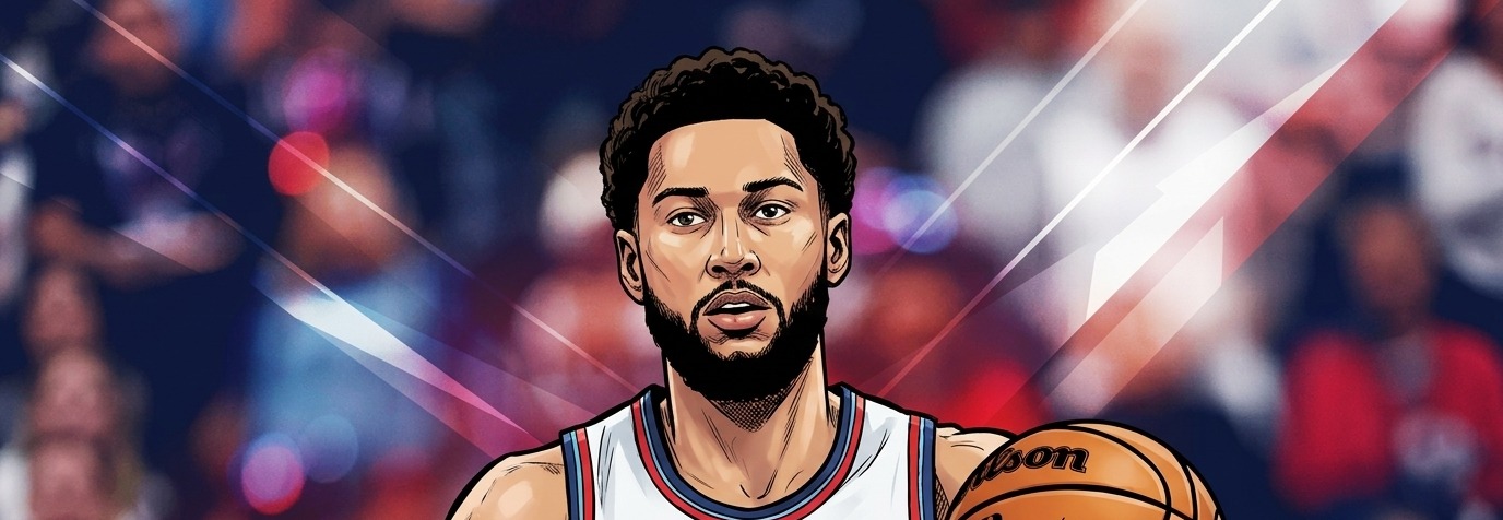 Comic-style illustration of Ben Simmons dribbling a basketball in a white jersey with geometric light streaks in the background
