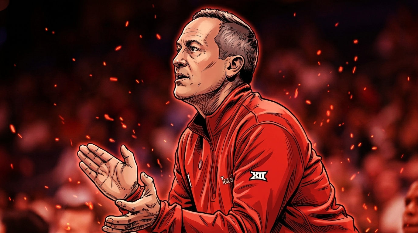 Comic-style illustration of Texas Tech head coach Grant McCasland clapping courtside in a red quarter-zip, with a Big 12 patch and ember particle effects