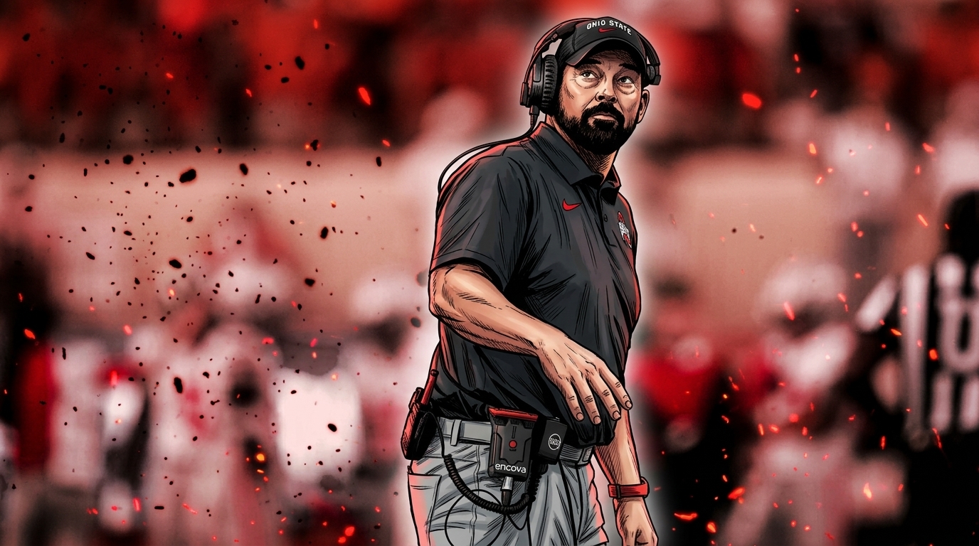 Comic-style illustration of Ohio State head coach Ryan Day on the sideline in a black polo, looking up toward the scoreboard, with a red and black particle-ember effect over a blurred stadium background.