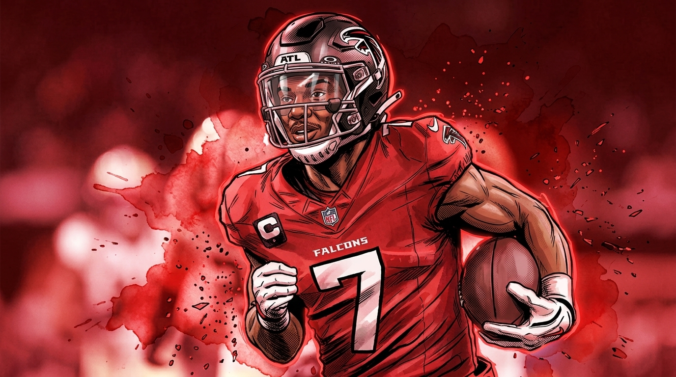 Comic-style illustration of Bijan Robinson in a red Falcons jersey with an ink-wash bleed effect in the background