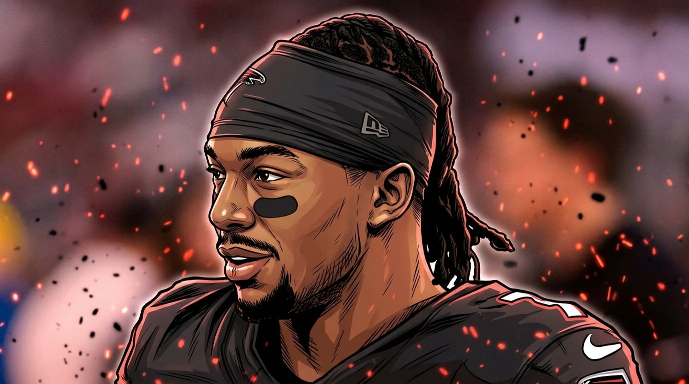 Comic-style illustration of Bijan Robinson in a black Falcons jersey and headband, particle field and floating embers effect in black and red over a stadium background