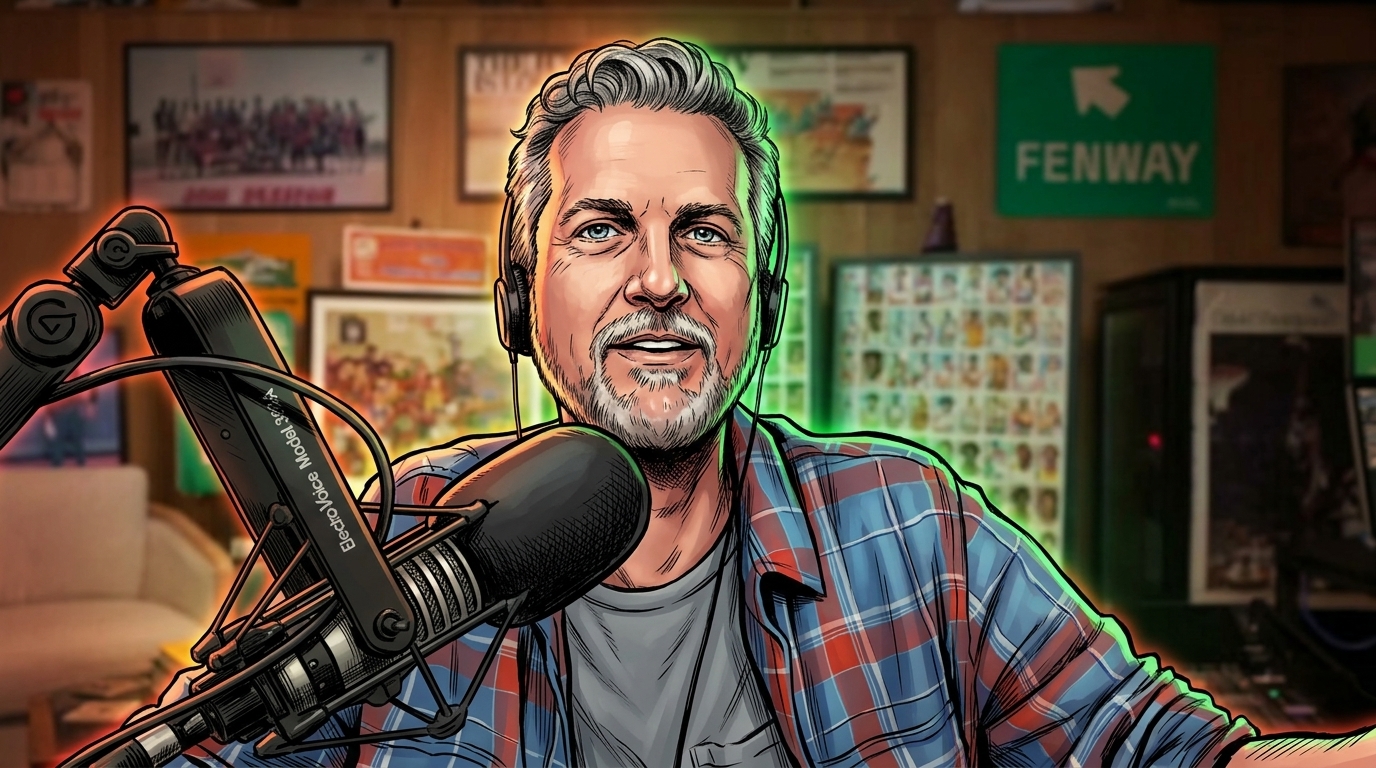 Comic-style illustration of Bill Simmons in a blue and red plaid flannel shirt and headphones, seated at his podcast studio microphone with a neon rim glow effect against his memorabilia-covered wall