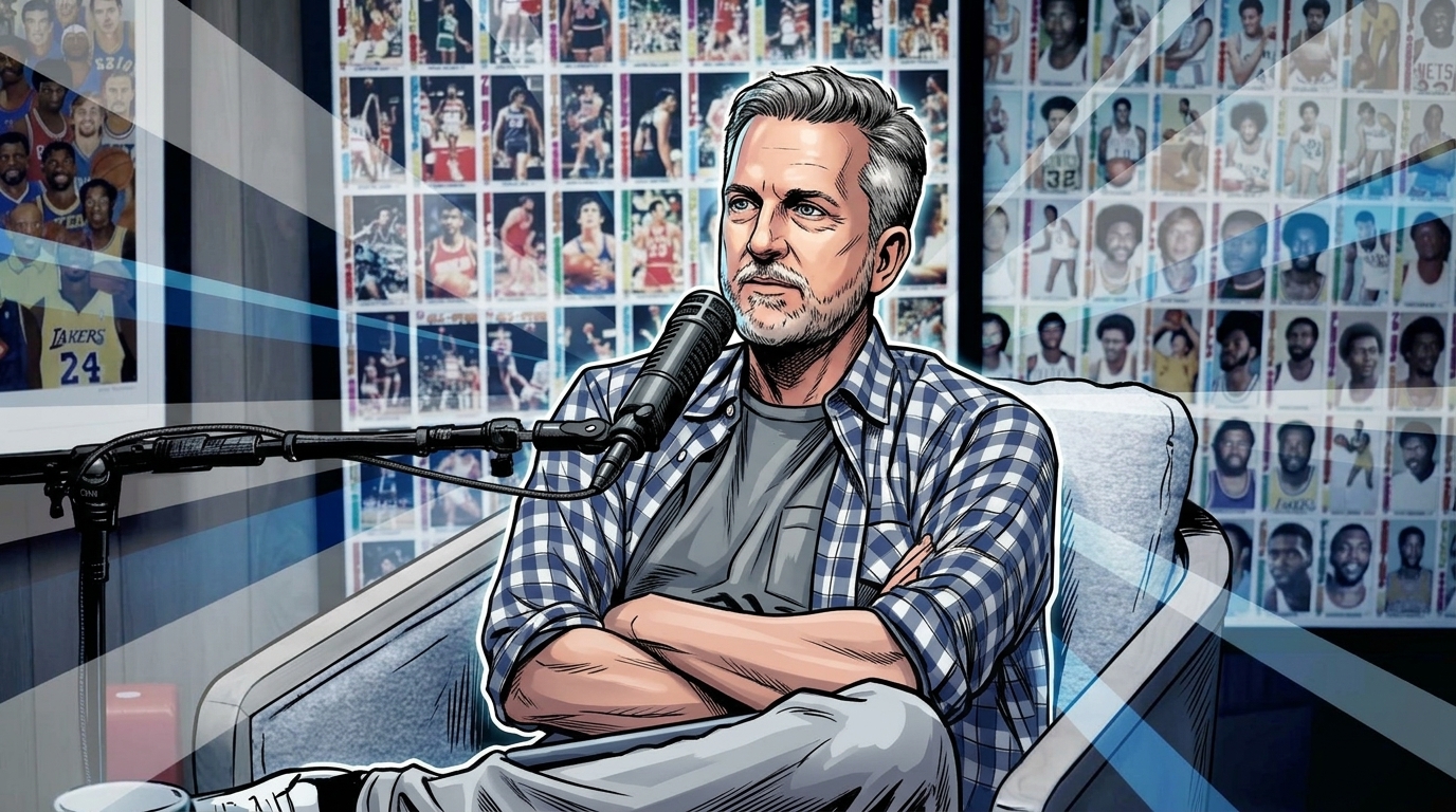 Comic-style illustration of Bill Simmons seated arms-crossed in his podcast studio, wearing a blue-and-white gingham shirt over a gray t-shirt, in front of a wall of vintage NBA trading cards, lit with gray-blue geometric light streaks