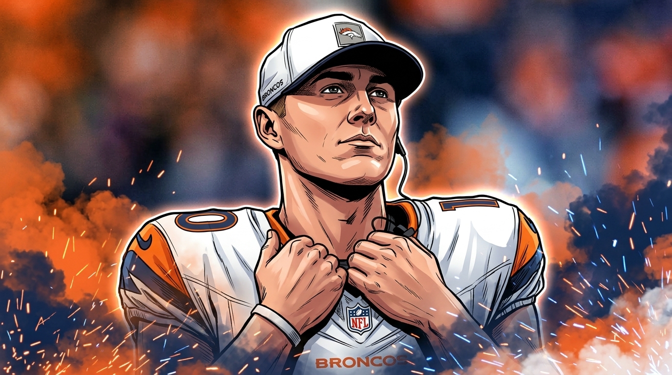 Comic-style illustration of Bo Nix in a white Broncos jersey and cap, adjusting his shoulder pad strap on the sideline, orange smoke and spark effects and blurred stadium crowd in the background.