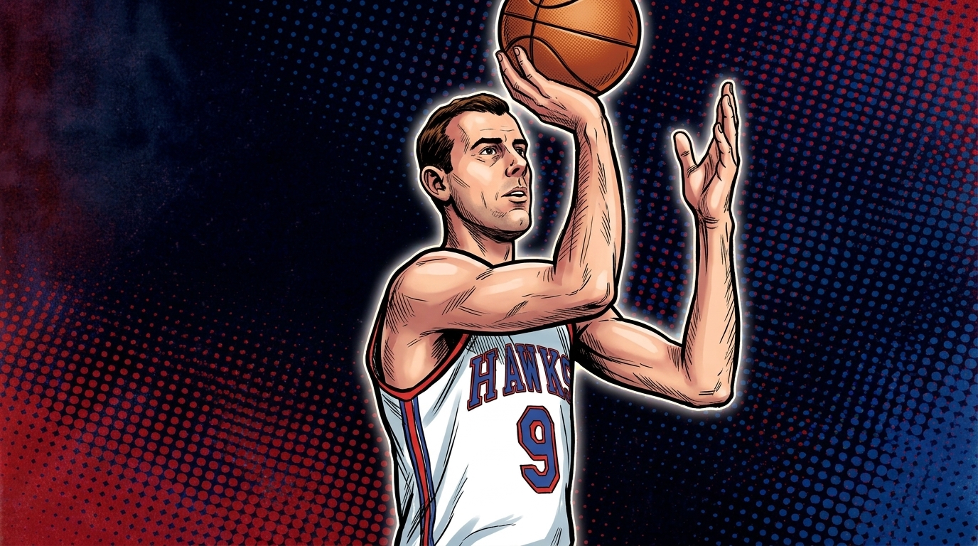Bob Pettit, in a comic-style illustration with a halftone Ben-Day dot effect, St. Louis Hawks white jersey number 9, mid one-handed set shot