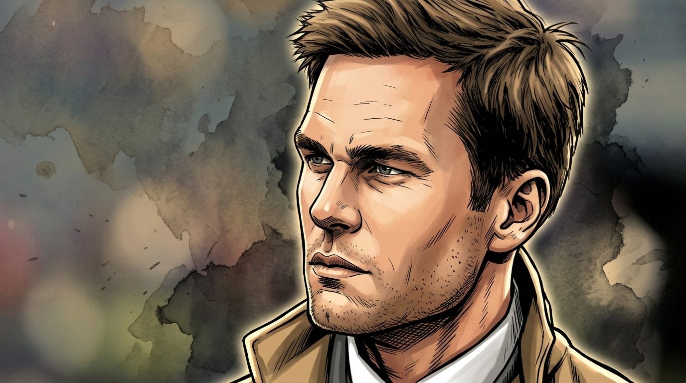 Comic-book style illustration of Tom Brady in a tan overcoat on an NFL sideline, watercolor wash background