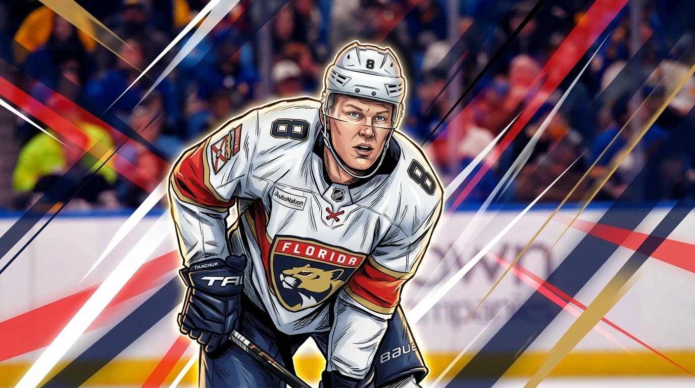 Comic-style illustration of Brady Tkachuk in his white Florida Panthers road jersey, bold ink outlines and cel-shading, geometric light-streak effect across a blurred arena crowd background