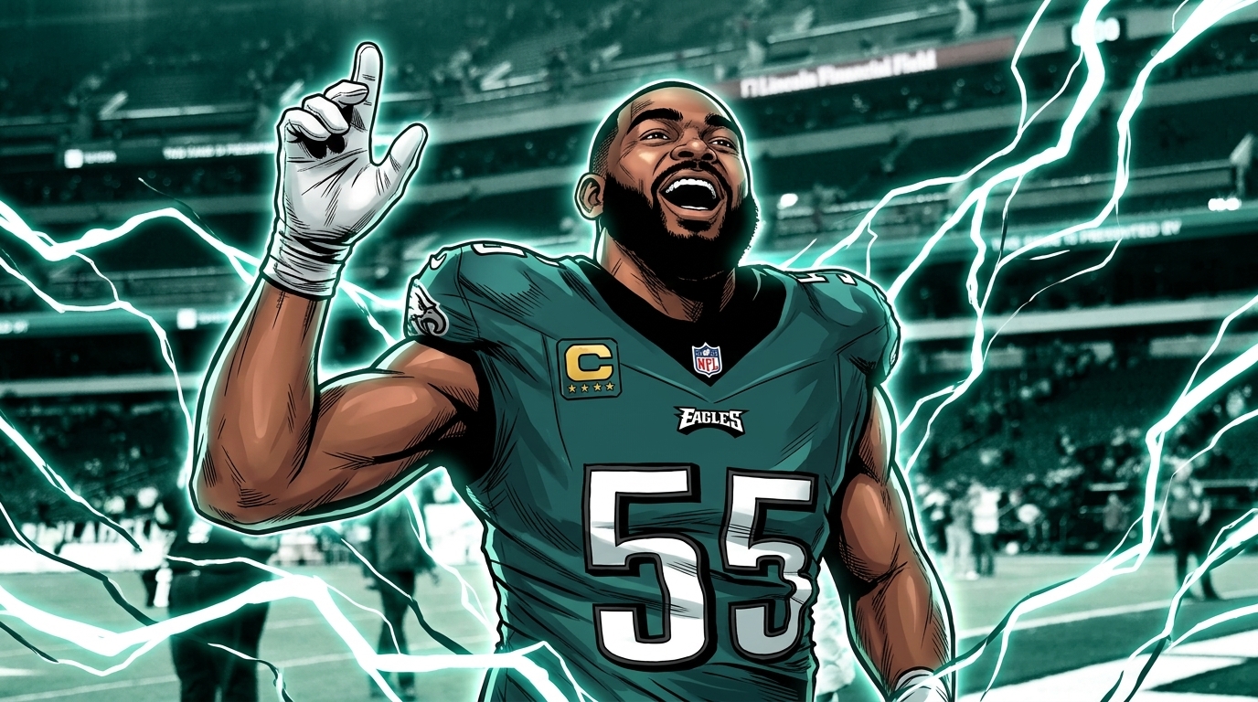 Comic-style illustration of Brandon Graham in Eagles midnight-green jersey with captain's patch, one hand raised, electric energy effect in the background
