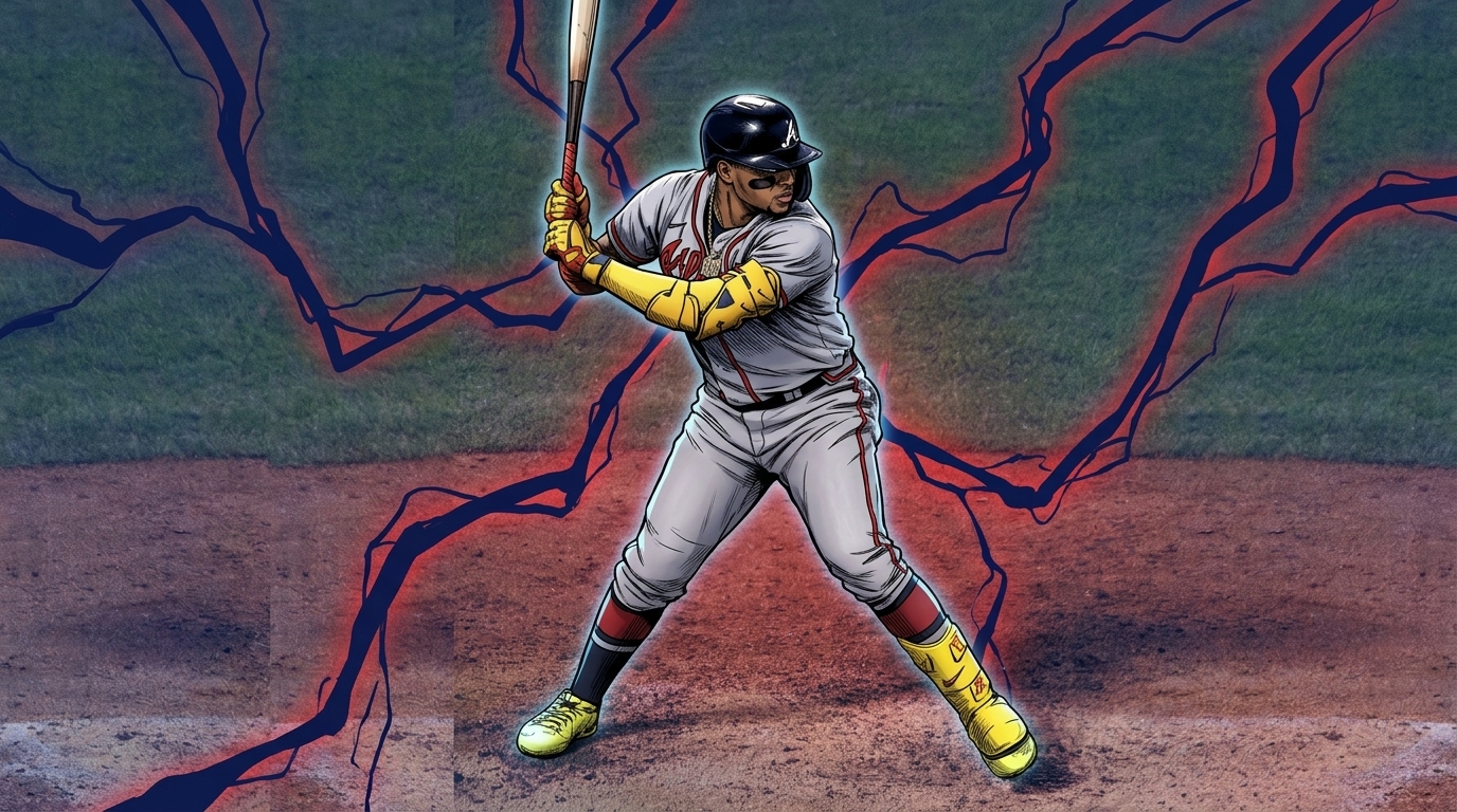 Comic-style illustration of Ronald Acuna Jr. in batting stance in an Atlanta Braves uniform, surrounded by red and blue lightning bolts