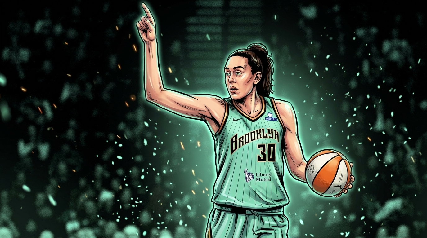 Comic-style illustration of Breanna Stewart in a mint-green Liberty alternate jersey pointing upcourt during Game 1 against the Lynx