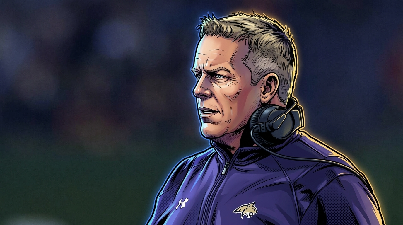 Comic-style illustration of Montana State head coach Brent Vigen on the sideline in a navy zip jacket with gold trim and a Bobcat logo patch, headset around his neck, a neon blue and gold rim glow outlining him against a blurred stadium crowd background.