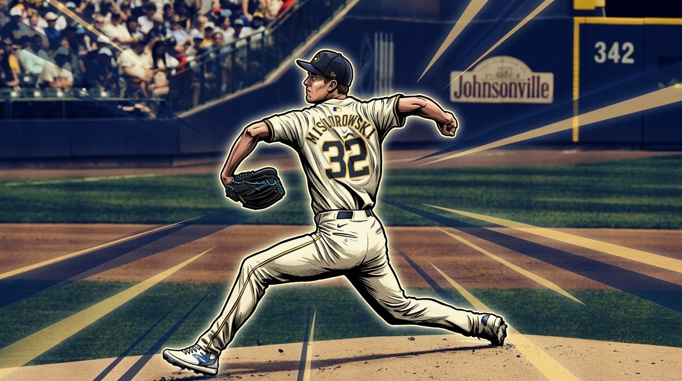 Comic-style illustration of Jacob Misiorowski in a Milwaukee Brewers cream home uniform mid-pitch delivery, gold and navy geometric light-streak effect over a blurred American Family Field crowd background — editorial image for NLCS Game 1 coverage.