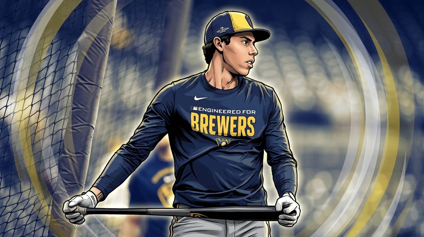 Comic-style illustration of Christian Yelich in a navy Brewers batting-practice shirt with gold 'Engineered For Brewers' lettering, holding a bat, navy and gold shockwave rings radiating through the blurred stadium background
