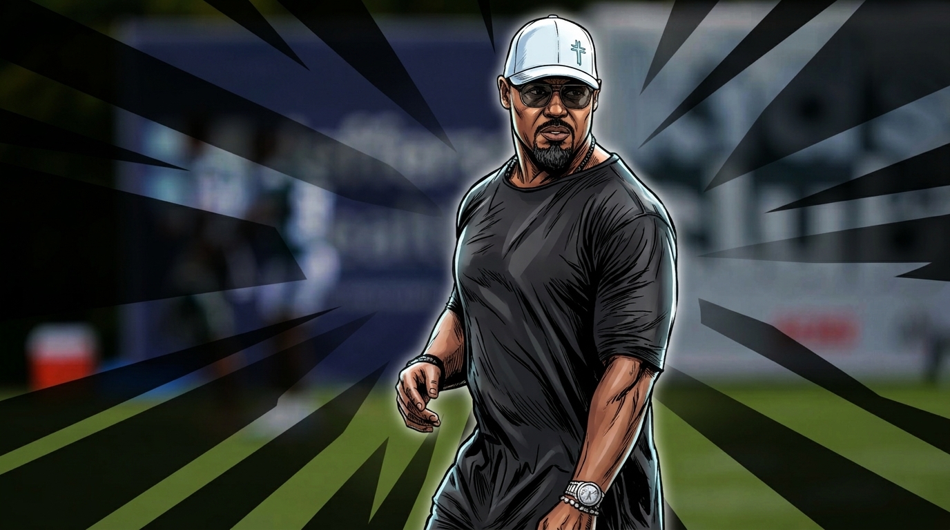 Brian Dawkins, Philadelphia Eagles, comic-styled with a geometric light streaks effect over a blurred training-camp background